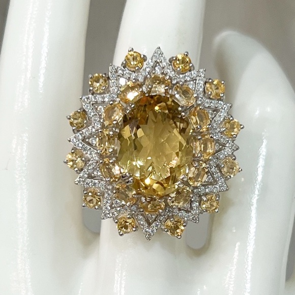 BrazilianCitrine White Zircon LARGE Sterling Silver Sunburst Statement Ring - Picture 7 of 11